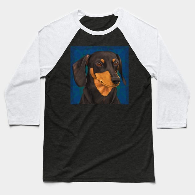 Black and Gold Dachshund Portrait on Blue Baseball T-Shirt by ibadishi